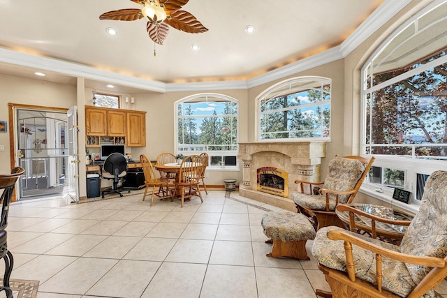 15918 E Cameron Ct, Spokane Valley, WA 99037 - dining space featuring light tile patterned flooring, ceiling fan, healthy amount of natural light, a fireplace with raised hearth, and recessed lighting