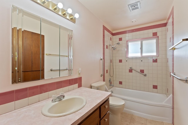 full bath with toilet, vanity, bathing tub / shower combination, and tile patterned floors