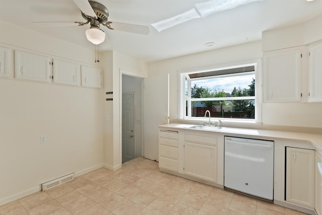 kitchen with white dishwasher, a sink, light countertops, ceiling fan, and white cabinets