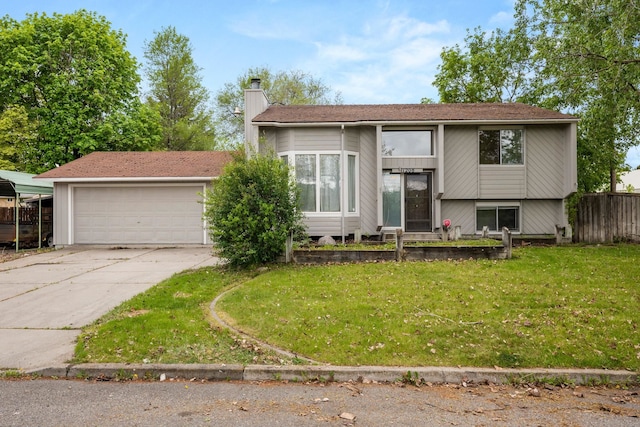 view of front facade with a chimney, concrete driveway, and a garage