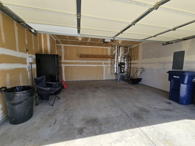garage with electric panel and a garage door opener