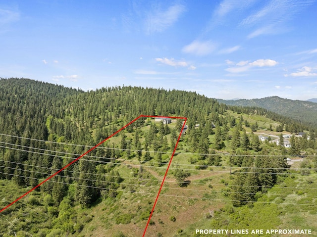 18707 E Terrapin Ln, Otis Orchards, WA 99027 - aerial view of property and surrounding area featuring a heavily wooded area, a mountainous background, and property boundaries highlighted