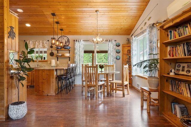 dining area featuring a chandelier, wooden ceiling, and dark wood-type flooring