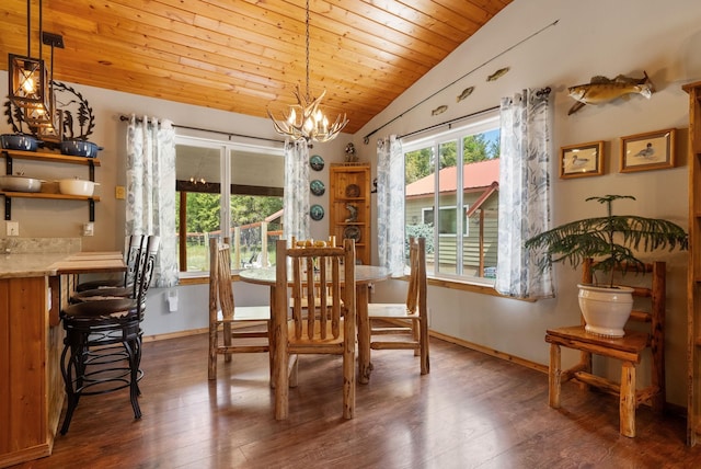 dining room featuring vaulted ceiling, a chandelier, wood ceiling, dark wood-style floors, and baseboards