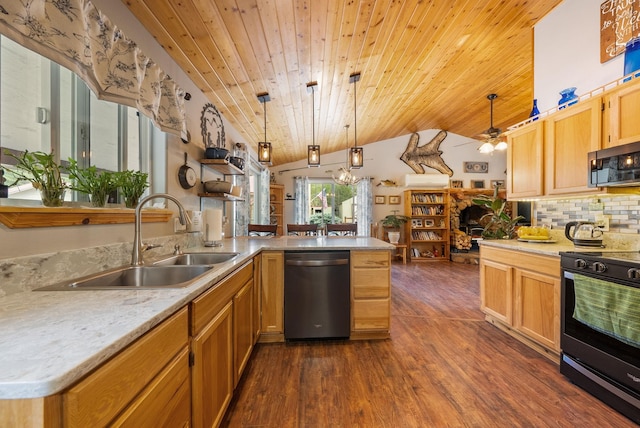 kitchen featuring appliances with stainless steel finishes, a sink, wood ceiling, decorative backsplash, and dark wood-style flooring