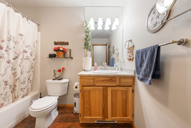 full bath with toilet, vanity, wood finished floors, and shower / bathtub combination with curtain