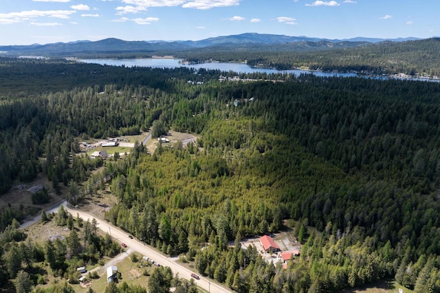 aerial view of property's location featuring a forest and a water and mountain view