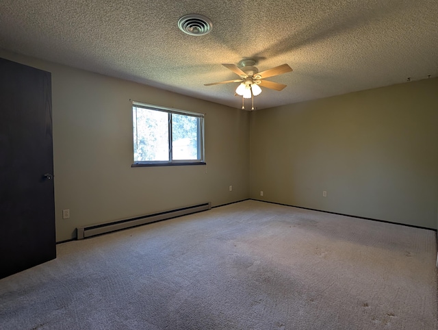 unfurnished room with baseboard heating, a ceiling fan, light carpet, and a textured ceiling