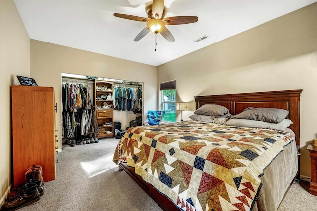 carpeted bedroom featuring ceiling fan