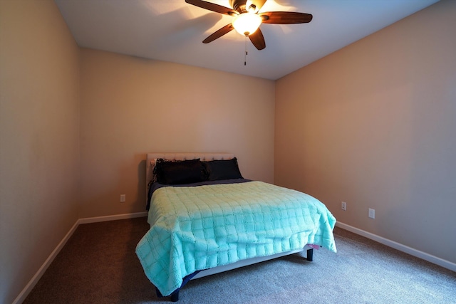 bedroom featuring carpet, baseboards, and ceiling fan