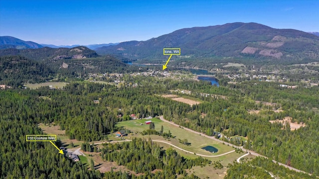 view of property location featuring a forest and mountains