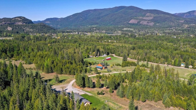 aerial view of property's location with a forest and mountains