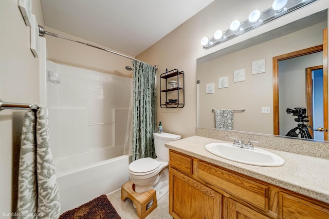 bathroom featuring toilet, vanity, and shower / bath combo with shower curtain