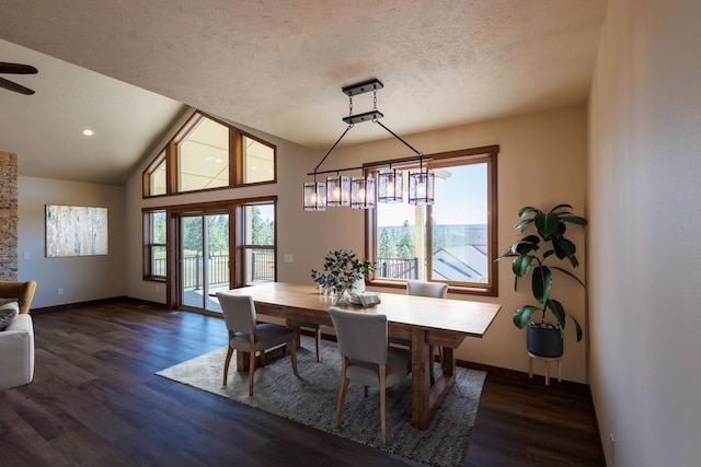 60874 Westview Dr, Nine Mile Falls, WA 99026 - dining room with lofted ceiling, wood finished floors, baseboards, a textured ceiling, and ceiling fan