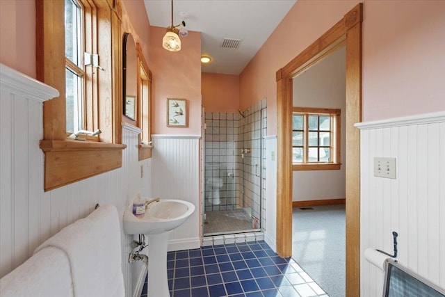4408 E Spangle Creek Rd, Valleyford, WA 99036 - bathroom with a shower stall, tile patterned floors, and a wainscoted wall
