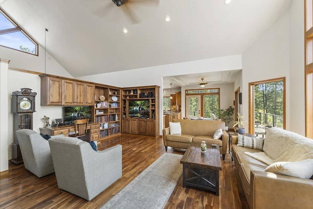 12715 E Deer Creek Rd, Chattaroy, WA 99003 - living area featuring high vaulted ceiling, a ceiling fan, dark wood finished floors, and recessed lighting