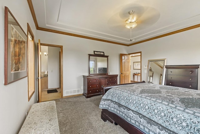 12715 E Deer Creek Rd, Chattaroy, WA 99003 - bedroom with carpet, crown molding, a raised ceiling, baseboards, and ceiling fan