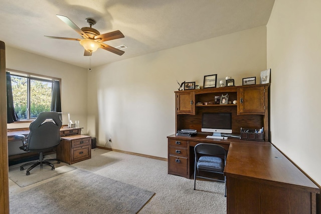 12715 E Deer Creek Rd, Chattaroy, WA 99003 - office with ceiling fan, light colored carpet, and baseboards