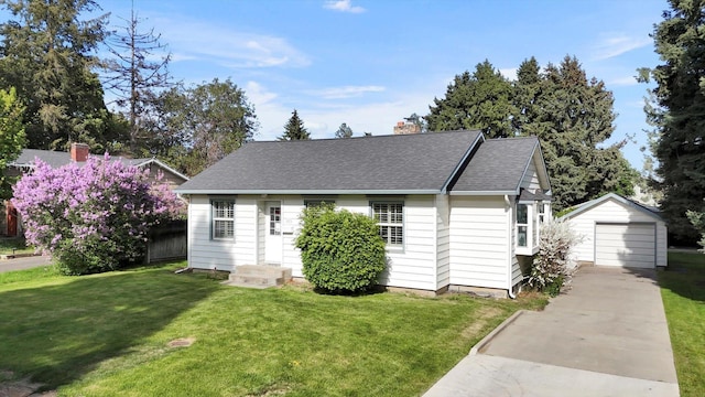 view of front of property with driveway, an outdoor structure, a chimney, a front lawn, and a garage