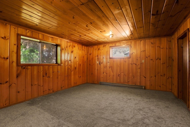 carpeted empty room with wood ceiling, a baseboard radiator, and wooden walls