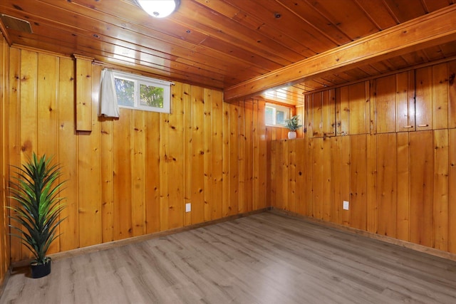 basement featuring wooden ceiling, wood finished floors, and wood walls