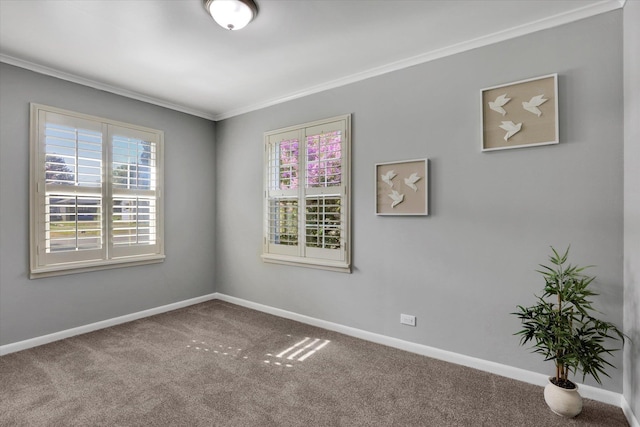carpeted spare room featuring plenty of natural light, ornamental molding, and baseboards