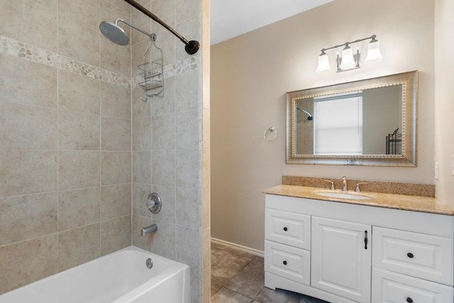 bathroom with  shower combination, tile patterned flooring, vanity, and baseboards