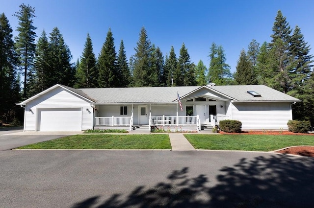 4414 Garden Spot Rd, Clayton, WA 99110 - ranch-style home featuring a porch, a garage, a front lawn, and driveway
