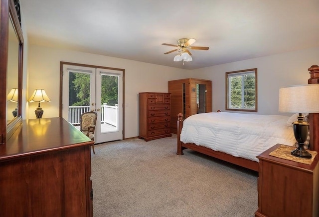 4414 Garden Spot Rd, Clayton, WA 99110 - bedroom featuring french doors, access to outside, light colored carpet, and a ceiling fan