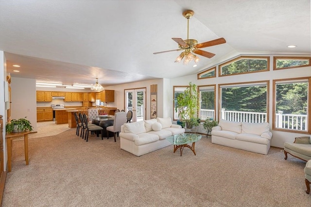 4414 Garden Spot Rd, Clayton, WA 99110 - living room with light carpet, lofted ceiling, a ceiling fan, and recessed lighting
