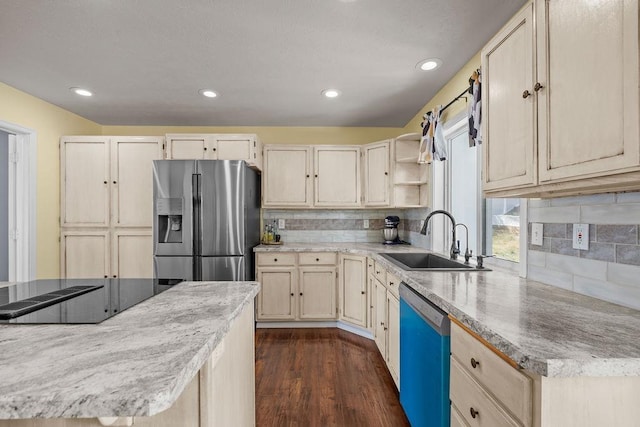 5612 N Vista Grande Dr, Otis Orchards, WA 99027 - kitchen featuring dishwashing machine, stainless steel fridge with ice dispenser, a sink, black electric stovetop, and open shelves