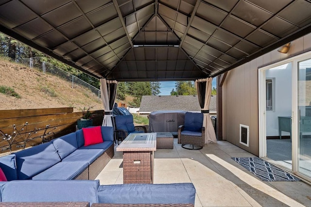 5612 N Vista Grande Dr, Otis Orchards, WA 99027 - view of patio / terrace with an outdoor living space, a gazebo, and fence