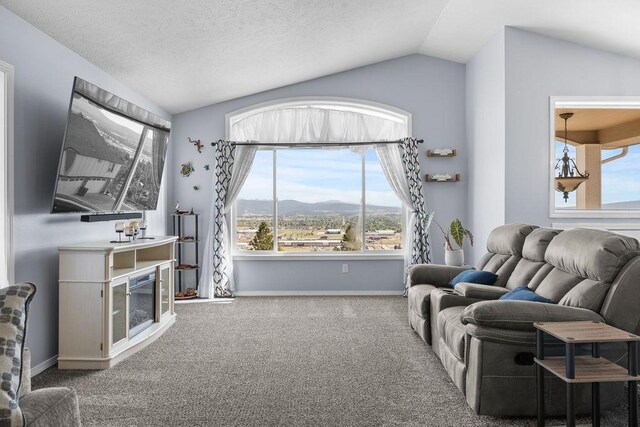 5612 N Vista Grande Dr, Otis Orchards, WA 99027 - living room featuring lofted ceiling, carpet, baseboards, and a textured ceiling