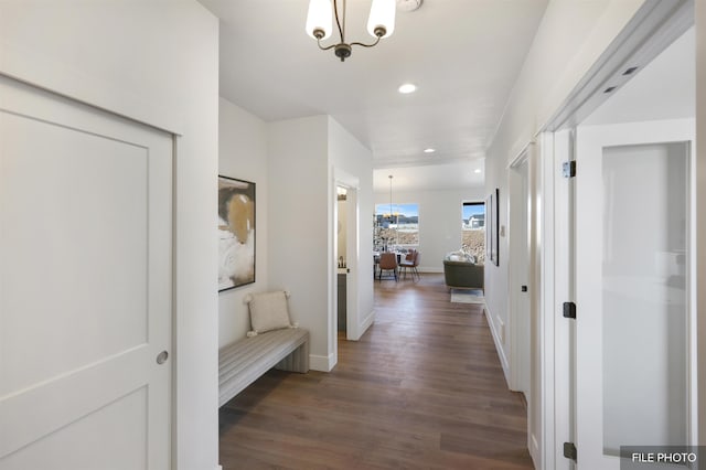 5741 S Sherri Lea Rd, Spokane, WA 99224 - hall with wood finished floors, a chandelier, recessed lighting, and baseboards