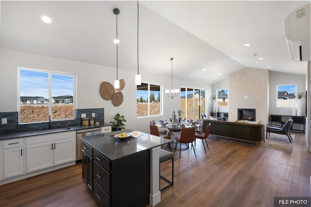5741 S Sherri Lea Rd, Spokane, WA 99224 - kitchen with a sink, lofted ceiling, dark countertops, a fireplace, and dark wood finished floors