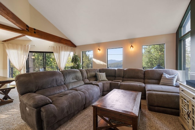living room with carpet floors, plenty of natural light, and lofted ceiling