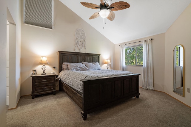 bedroom with light colored carpet, vaulted ceiling, ceiling fan, and baseboards