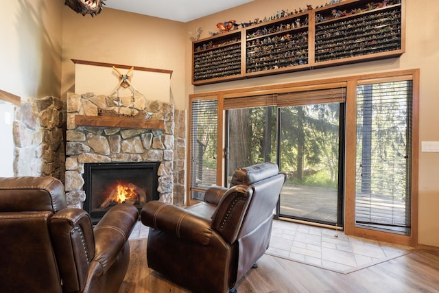 living area featuring a fireplace and wood finished floors