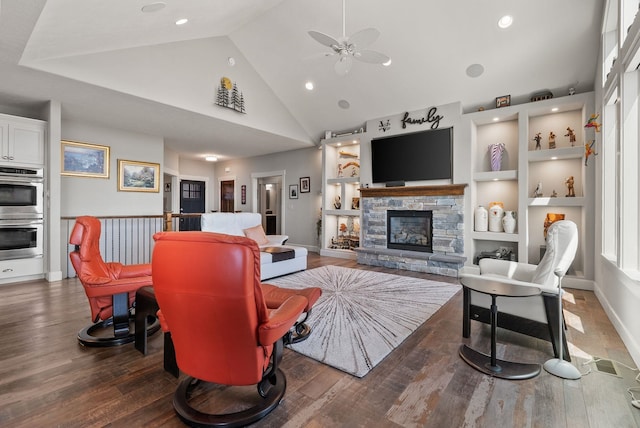 8504 E Black Oak Ln, Spokane, WA 99217 - living room with ceiling fan, wood finished floors, recessed lighting, a fireplace, and baseboards