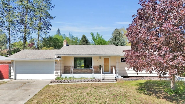 13519 E 26th Ave, Spokane, WA 99216 - ranch-style home featuring a garage, driveway, a front lawn, covered porch, and a shingled roof