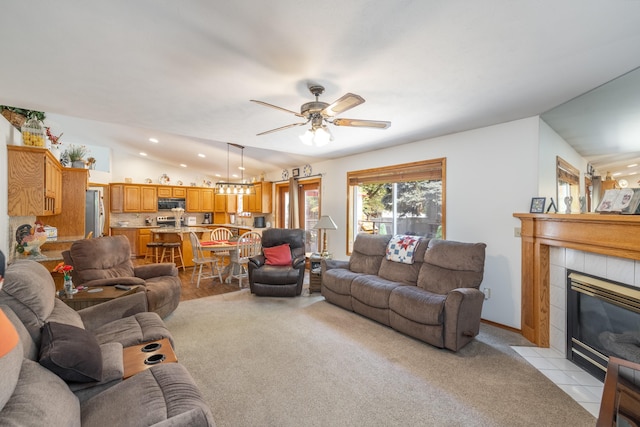 5123 E Lane Park Ct, Mead, WA 99021 - living area featuring ceiling fan, recessed lighting, a tiled fireplace, and light carpet