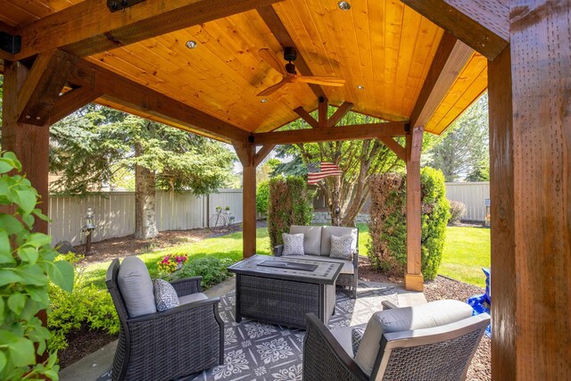 5123 E Lane Park Ct, Mead, WA 99021 - view of patio / terrace featuring a fenced backyard, an outdoor hangout area, ceiling fan, and a gazebo