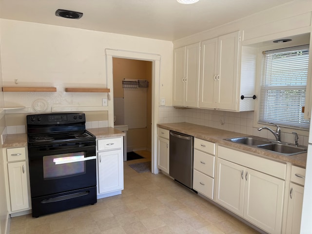 1711 E 14th Ave, Spokane, WA 99202 - kitchen with black / electric stove, a sink, stainless steel dishwasher, light floors, and decorative backsplash