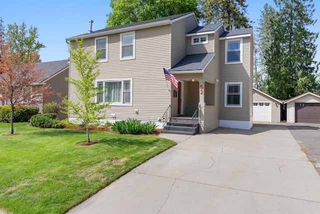 view of front of property featuring an outdoor structure, a front lawn, a garage, roof with shingles, and driveway