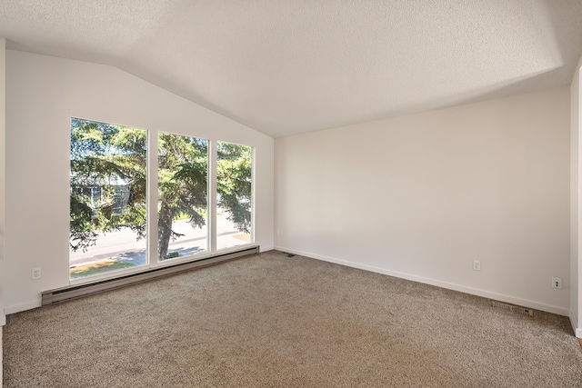 3326 E Pineglen Ave, Mead, WA 99021 - carpeted empty room featuring vaulted ceiling, baseboard heating, a textured ceiling, and baseboards