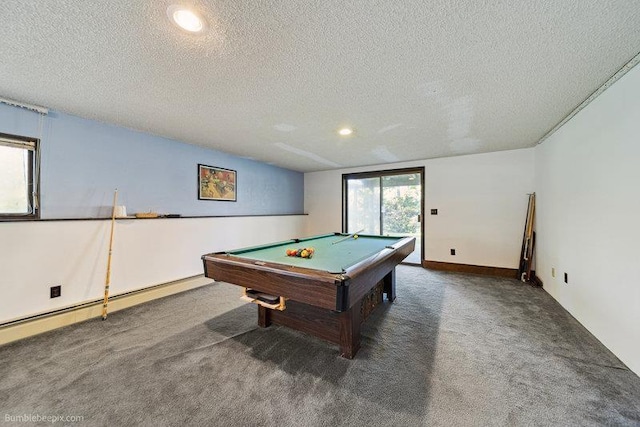 10511 E Cimmaron Dr, Spokane, WA 99206 - rec room with a textured ceiling, carpet floors, billiards, recessed lighting, and baseboards