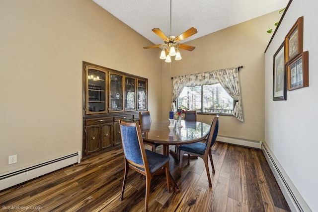 10511 E Cimmaron Dr, Spokane, WA 99206 - dining area featuring a baseboard heating unit, ceiling fan, dark wood-style floors, and vaulted ceiling