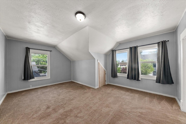 additional living space featuring carpet, a textured ceiling, vaulted ceiling, and baseboards