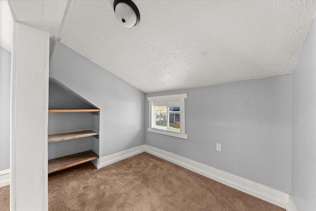 additional living space with carpet, a textured ceiling, and baseboards