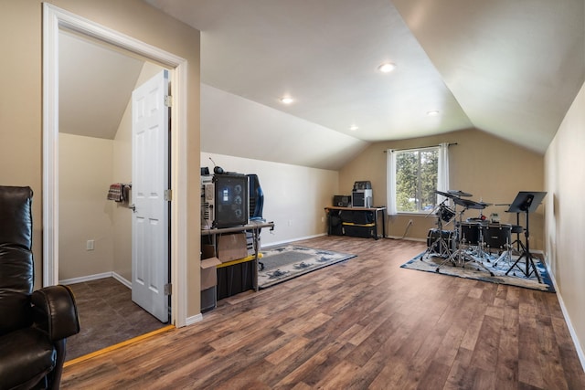 21718 W Watt Rd, Cheney, WA 99004 - workout room featuring wood finished floors, vaulted ceiling, and baseboards
